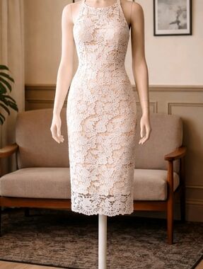 MARINA NWT Cream Lace Halter Crochet Overlay Midi Dress